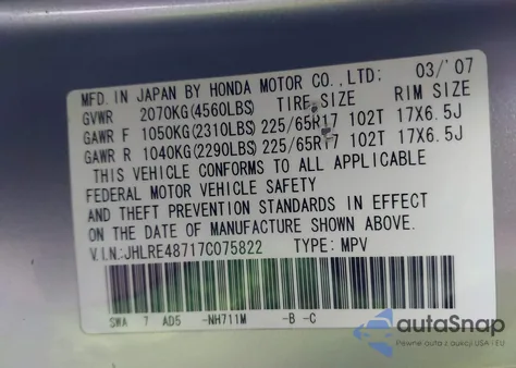 2007 Honda Cr-V Ex-L from USA, damaged, VIN JHLRE48717C075822